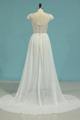 Simple Chiffon Ruffles Lace Wedding Dress Appliques Cap Sleeves V-neck Beadings Bridal Gowns On Sale-27dress